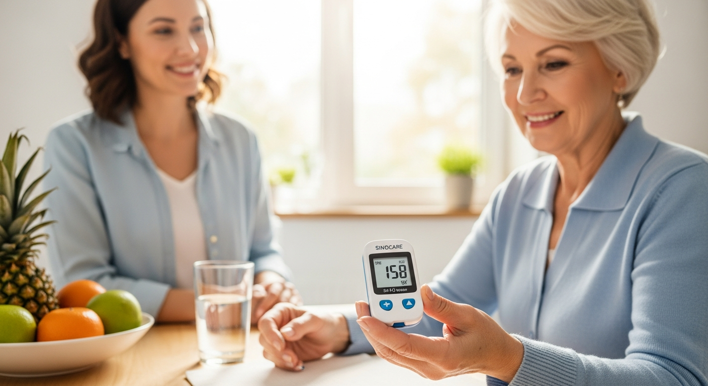 Sinocare Safe AQ Smart Blood Glucose Monitor displayed with test strips and lancet device on white background