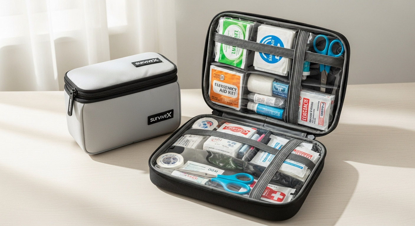 SurviveX Large First Aid Kit with color-coded compartments and professional medical supplies organized for emergency response
