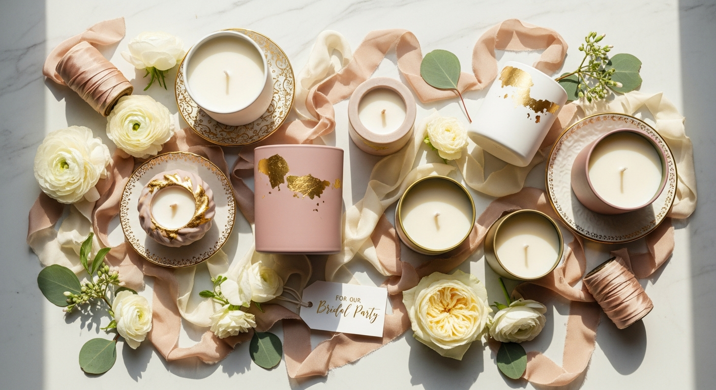 Luxury hand-poured candles displayed with elegant packaging and natural botanical elements