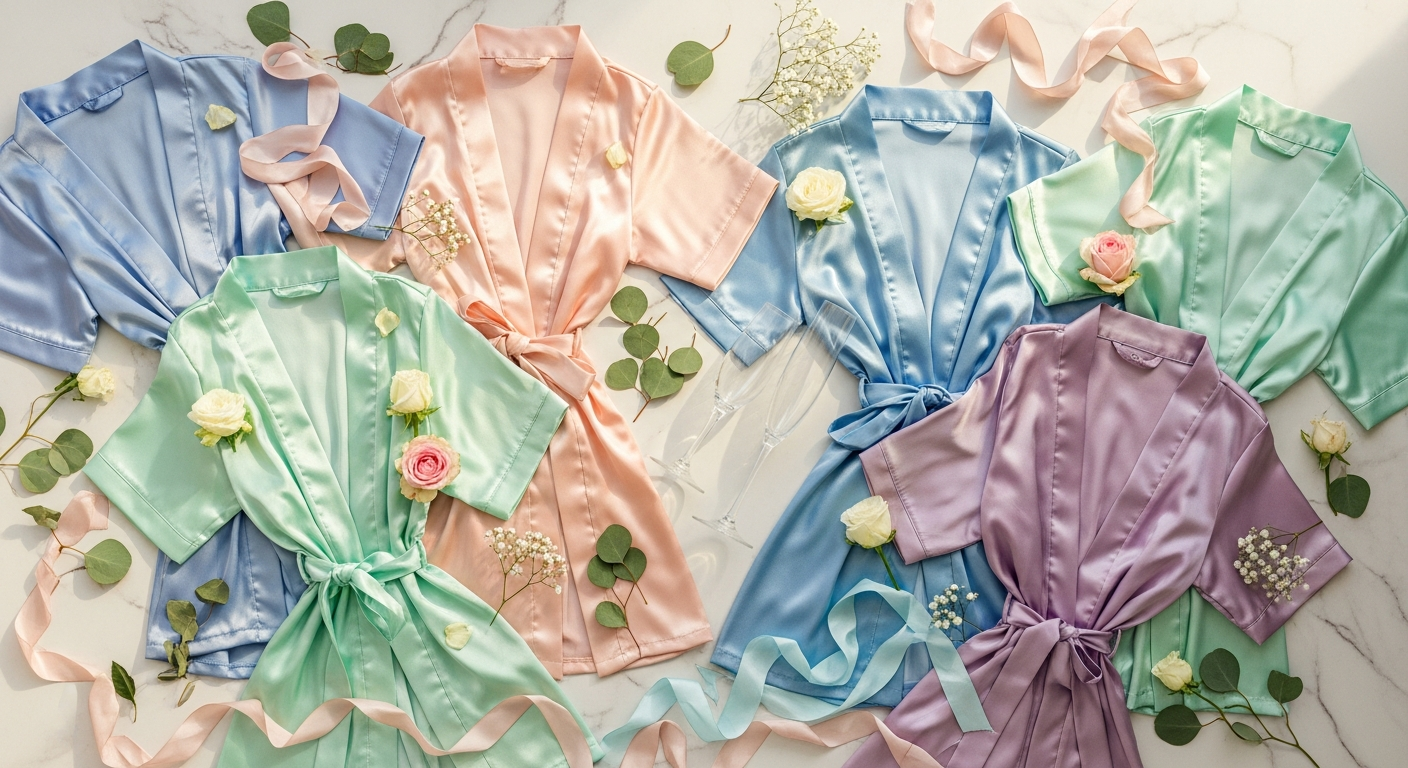 Bride and bridesmaids wearing matching personalized satin robes during wedding morning preparation