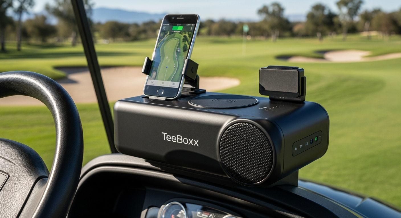 TeeBoxx Golf Cart Speaker Charger mounted on golf cart with phone secured by magnetic technology