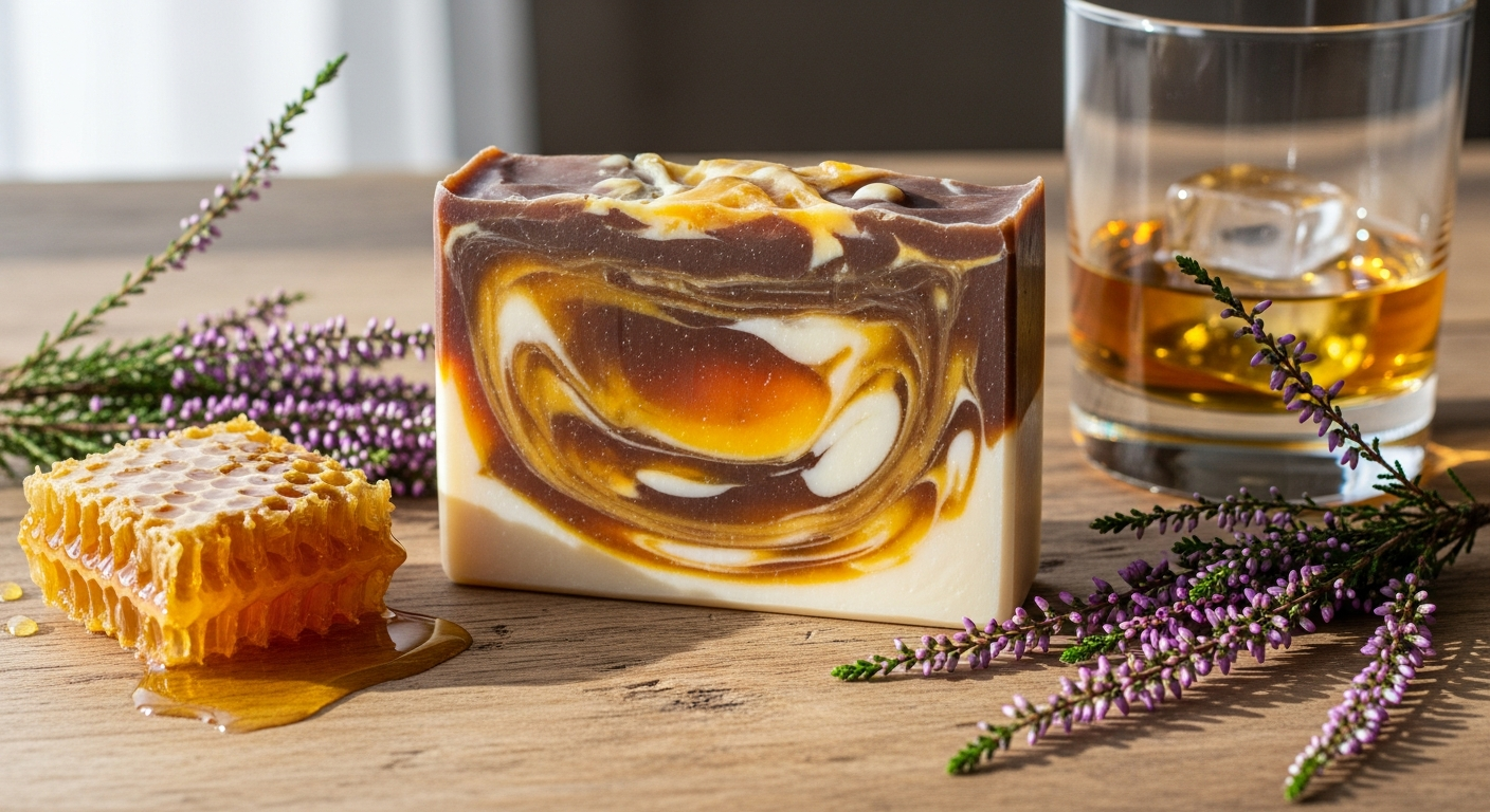 Luxury Whisky and Honey organic soap bar from The Highland Soap Co. displayed on Scottish moorland