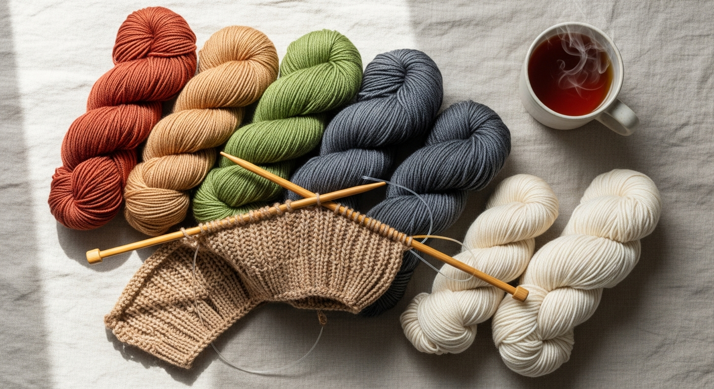 Colorful balls of Emu Classic DK yarn in various shades arranged on a white surface
