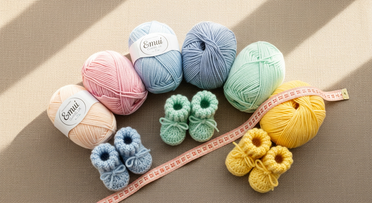 Colorful balls of Emu Classic DK yarn arranged for baby crafting projects