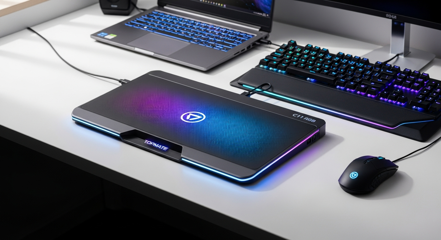 Topmate C11 RGB gaming laptop cooling pad with six fans and customizable lighting on desk