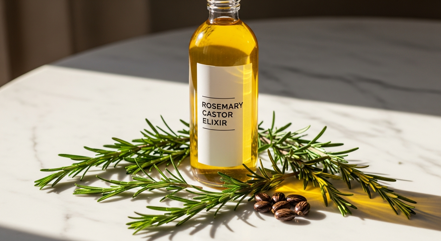 Rosemary castor hair growth elixir bottle with natural herbs and essential oils displayed