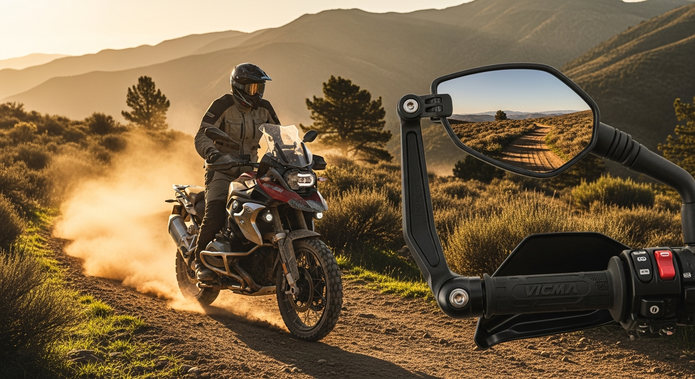 Vicma universal homologated foldable motorcycle mirror mounted on adventure bike handlebar in off-road terrain