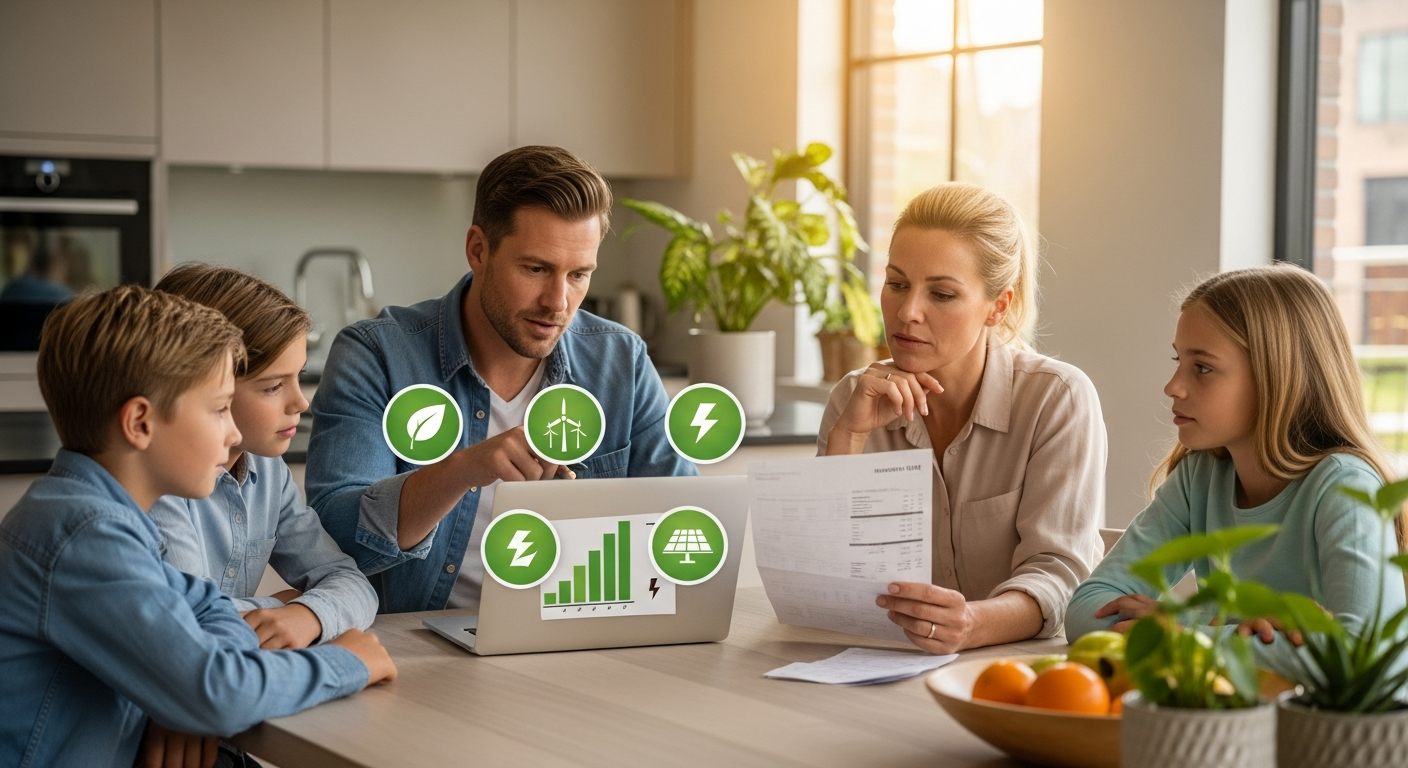 Dutch household energy bills with green electricity symbol and savings calculator displayed