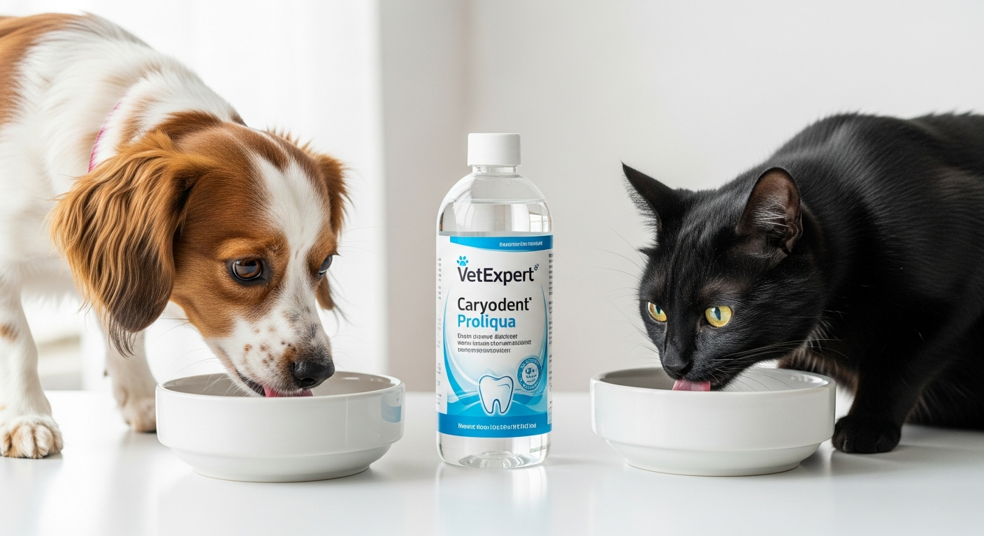 VetExpert Caryodent Proliqua dental water additive bottle with fresh water bowl for pets