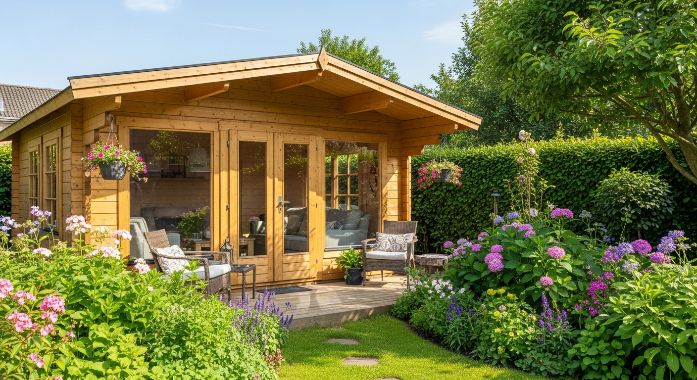 Waltons garden log cabin with 44mm timber construction in a residential garden setting