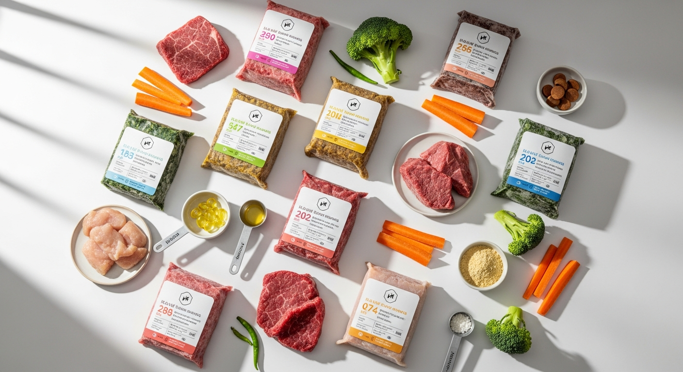 We Feed Raw customized frozen dog food meals in packaging displayed with fresh ingredients