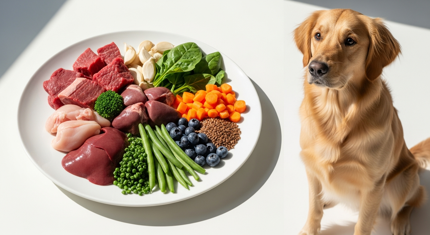 Raw dog food meal packages stacked in insulated biodegradable shipping box ready for delivery