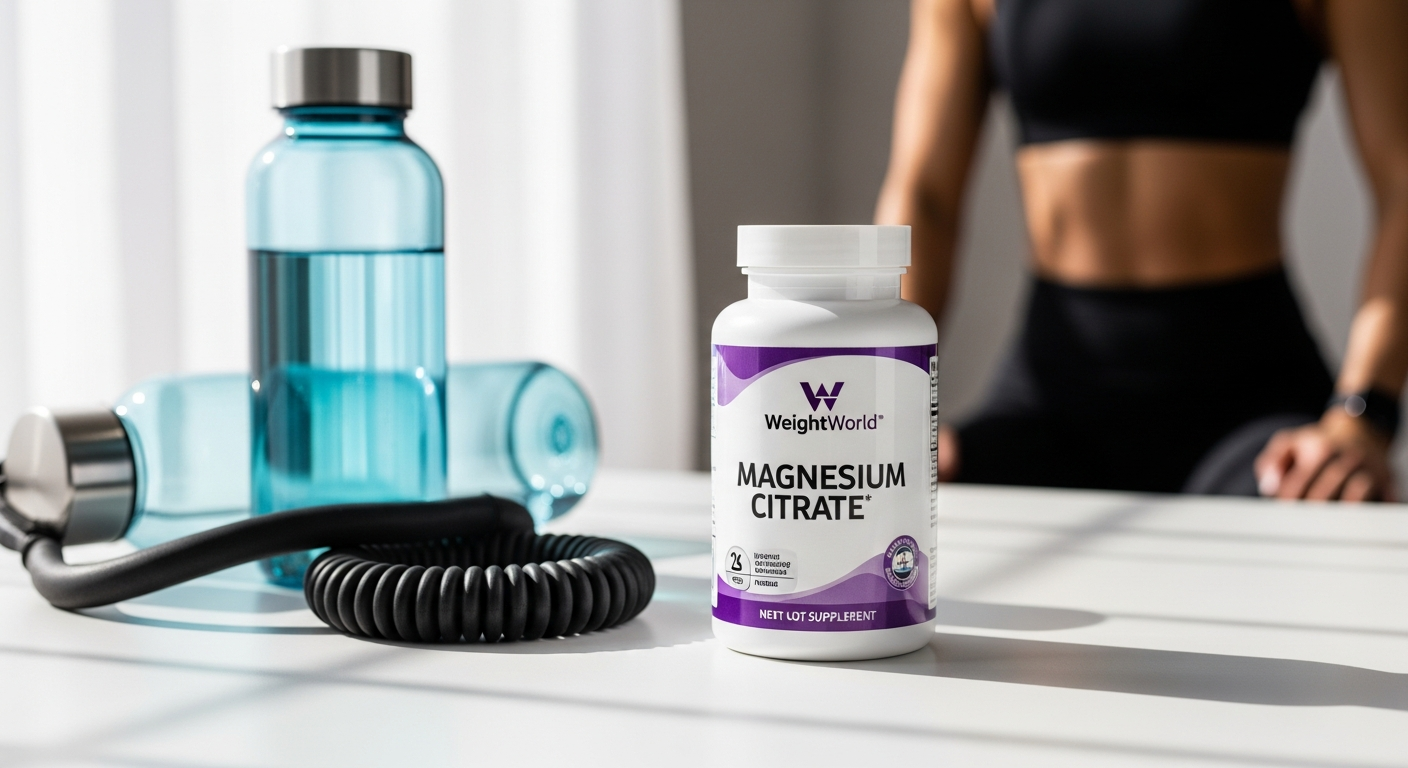 WeightWorld Magnesium Citrate 1480mg supplement bottle with capsules displayed on athletic training background