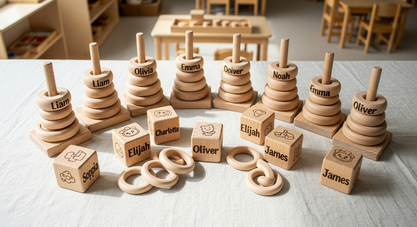 Personalized wooden baby name stacking blocks with colorful letters and natural wood finish