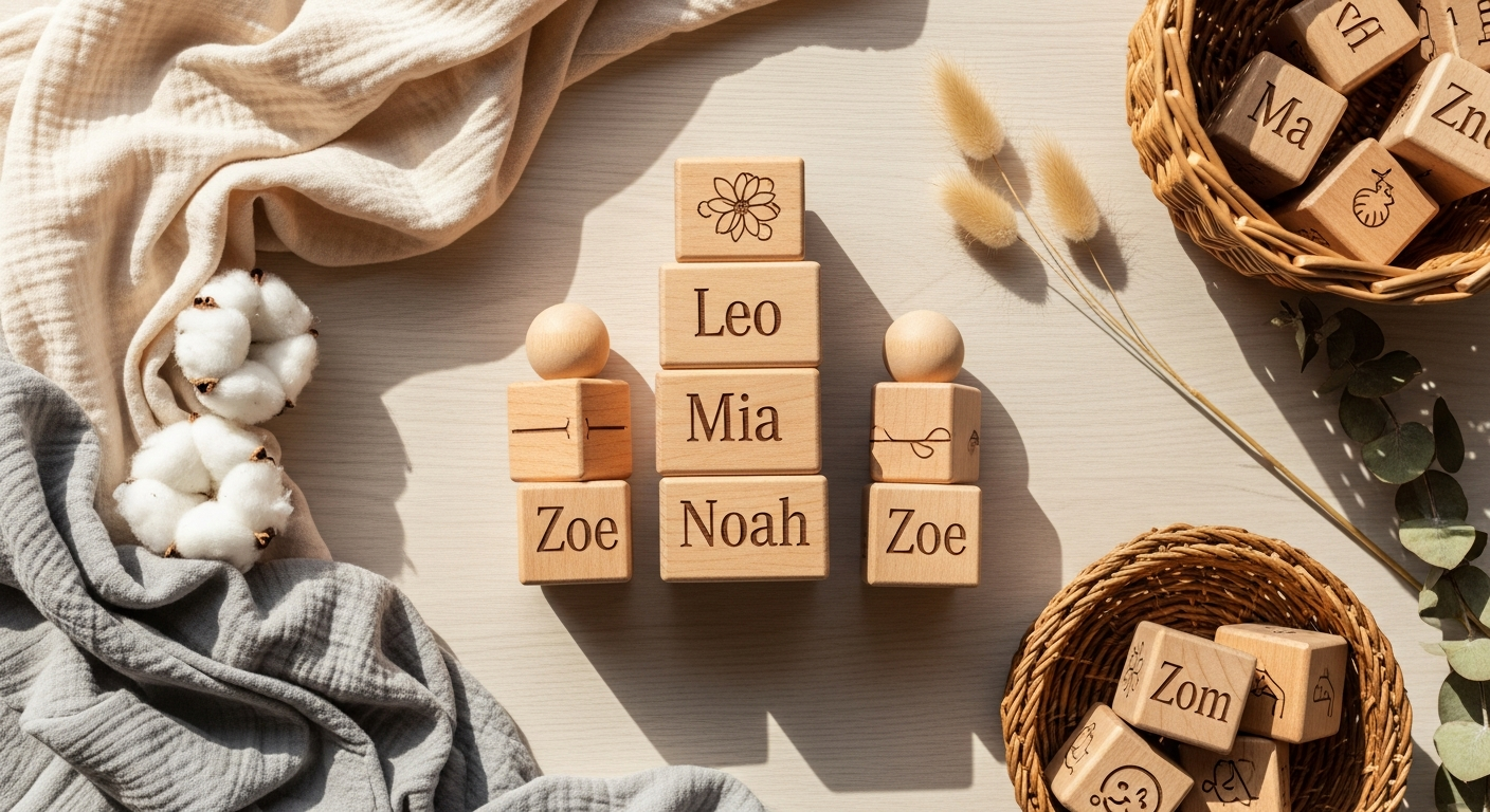 Colorful personalized wooden baby name stacking toy blocks arranged in a nursery setting