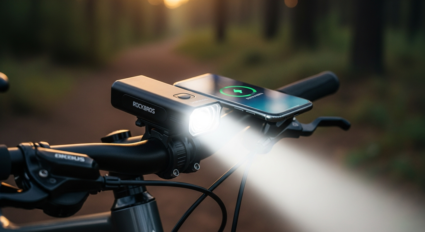 ROCKBROS 1000 lumen USB rechargeable bike headlight mounted on bicycle handlebar