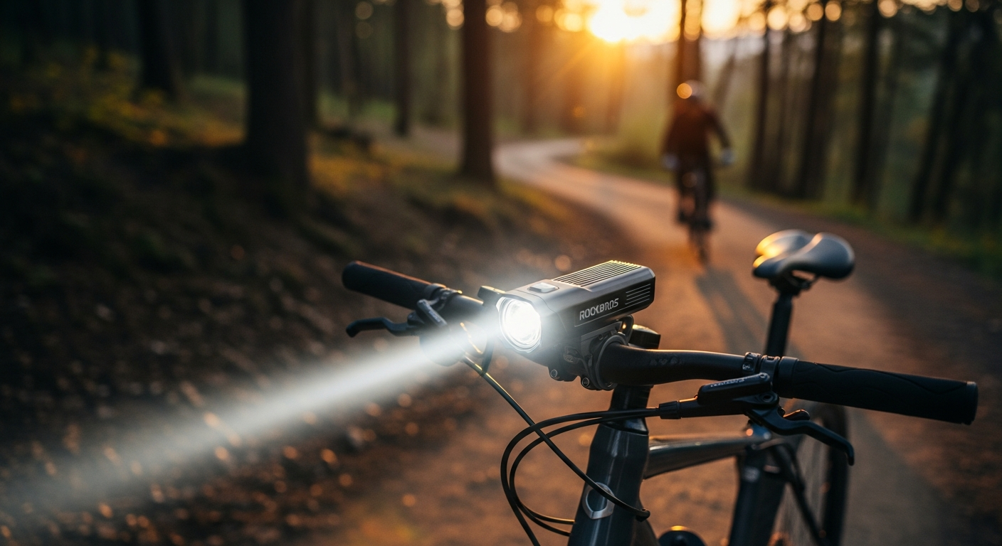 ROCKBROS 1000 lumen USB rechargeable bike headlight mounted on bicycle handlebar at night