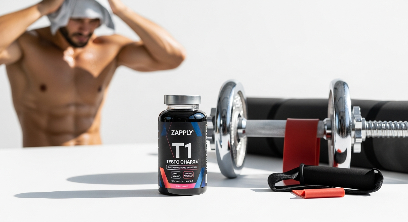 Zapply T1 Testo Charge male performance supplement bottle with scientific formula ingredients displayed