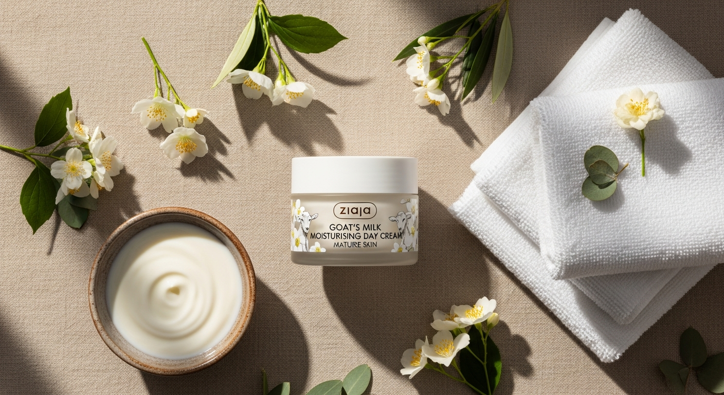 Ziaja Goat's Milk Moisturising Day Cream jar displayed with fresh goat's milk and natural ingredients
