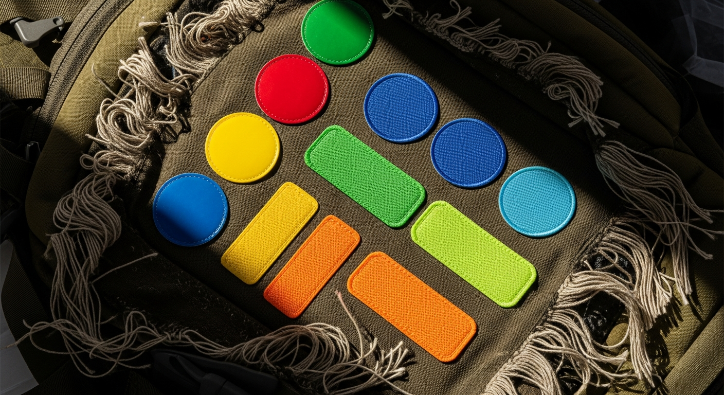 aZengear Waterproof Self-Adhesive Repair Patches displayed with various colored patches and outdoor gear items