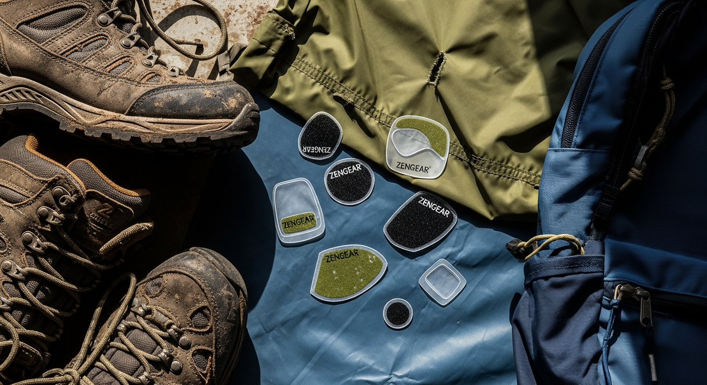 aZengear Waterproof Self-Adhesive Repair Patches displayed in multiple colors with outdoor gear including tent, jacket, and backpack