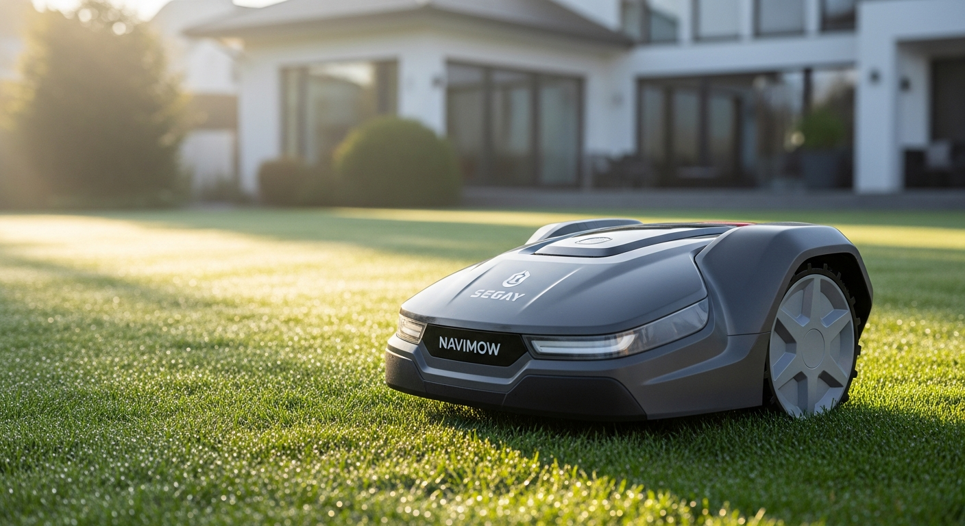 Segway Navimow i105 robotic lawn mower navigating a residential lawn with wire-free GPS technology
