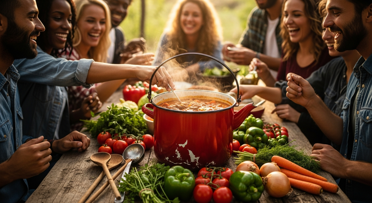 Large 30-liter enamel goulash kettle set with matching lid and ladle for outdoor cooking