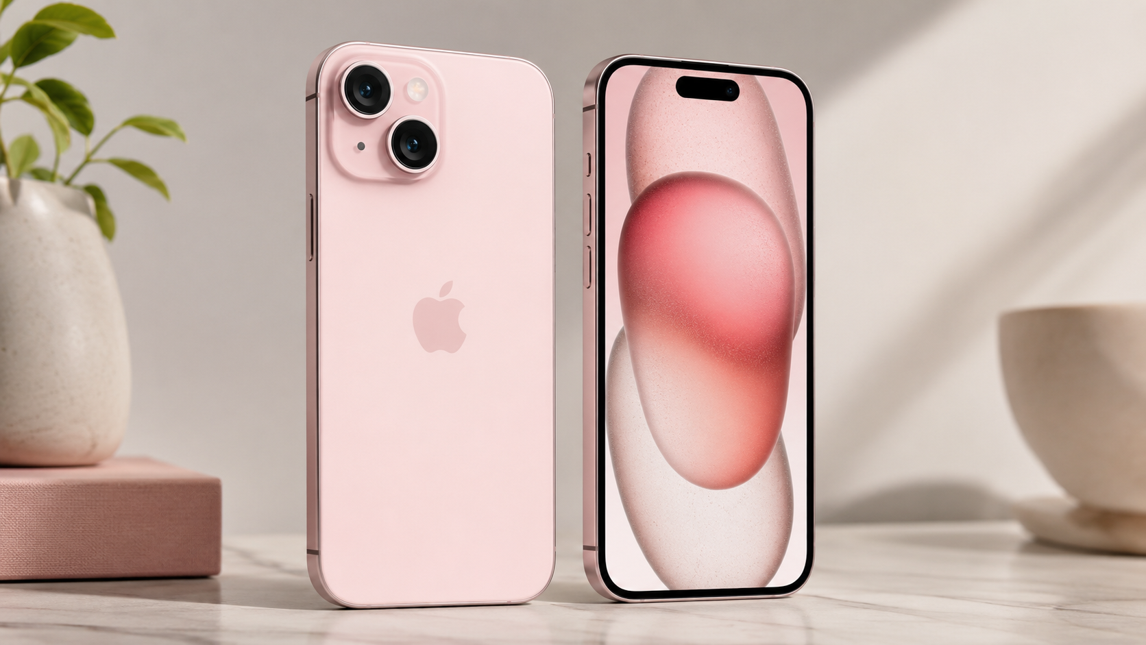 Apple iPhone 15 smartphone in a modern editorial setup with sleek design, dual-camera system, vibrant display, and premium finish, photographed in soft studio lighting for a product review article.