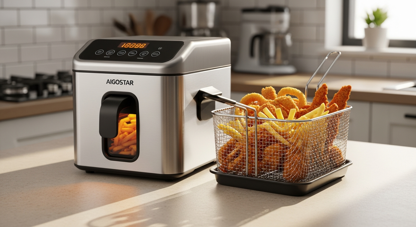 Aigostar Ushas 30HEZ stainless steel deep fryer with viewing window and basket on kitchen counter