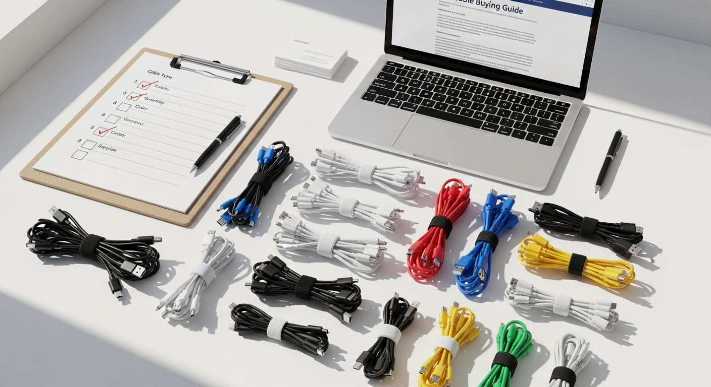 Bulk universal fast charging USB cables organized in storage with power delivery specifications displayed