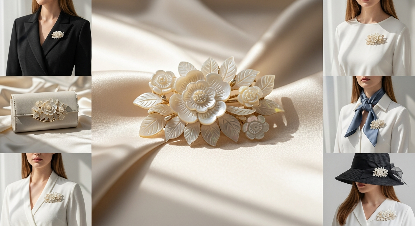 Angel Barocco Mother Shell Floral Pearl Brooch styled on neutral linen blazer lapel