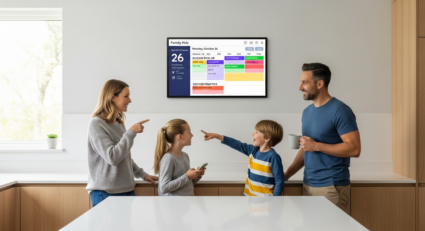 Apolosign 15.6-inch Smart Digital Family Calendar displaying calendar and family photos on kitchen counter