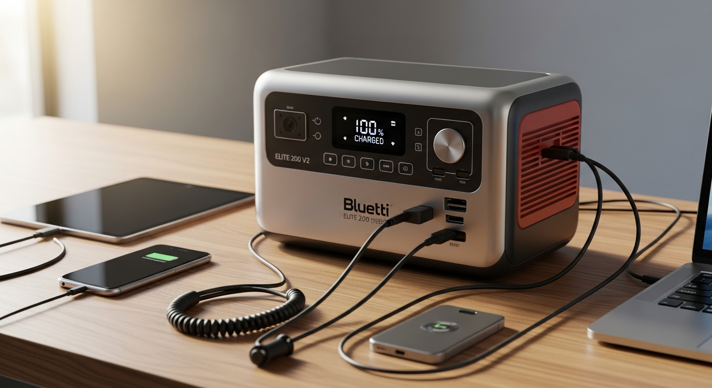 Bluetti Elite 200 V2 portable power station with solar panels and charging cables