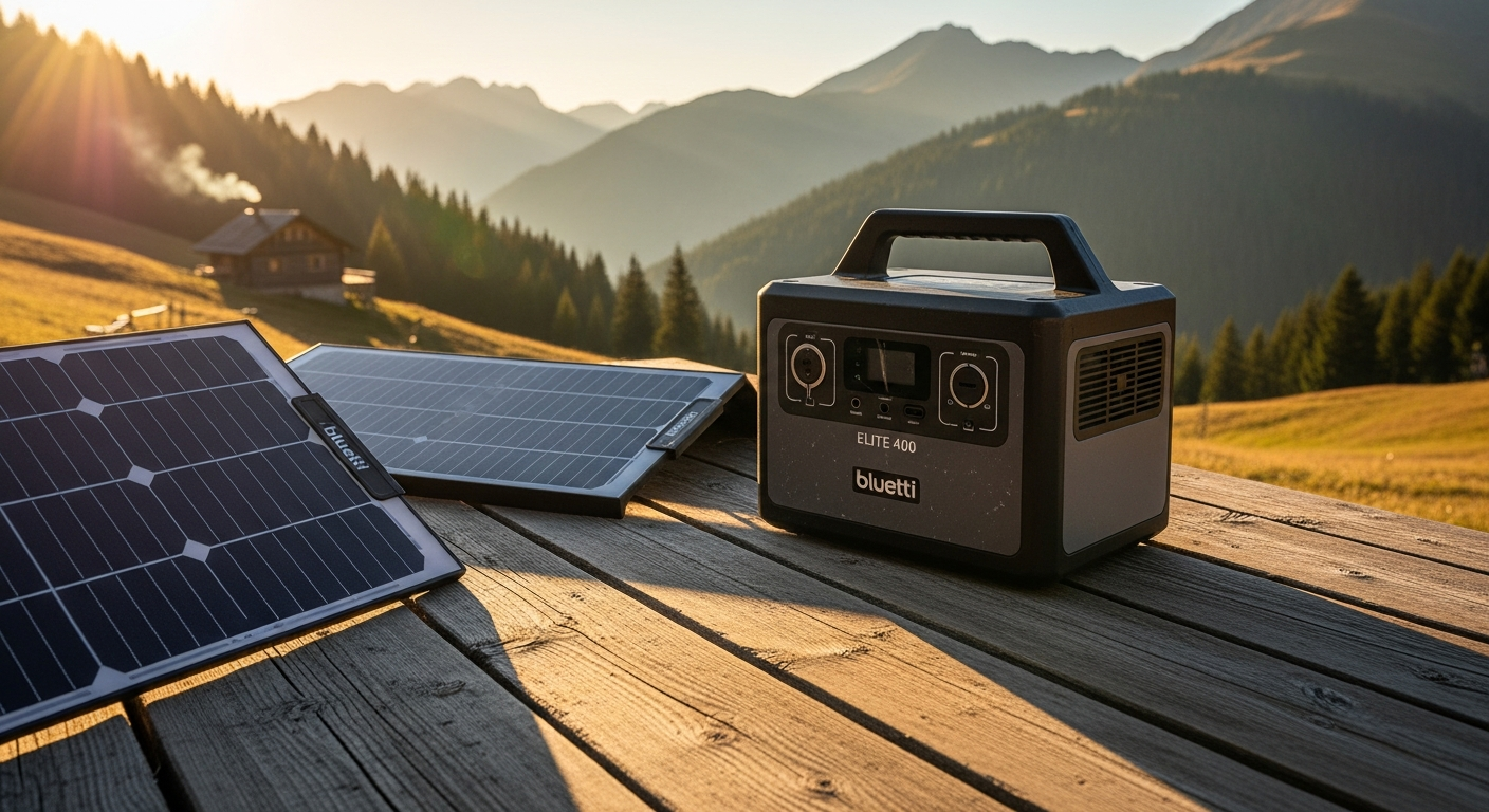 Bluetti Elite 400 portable power station displayed in remote off-grid cabin setting