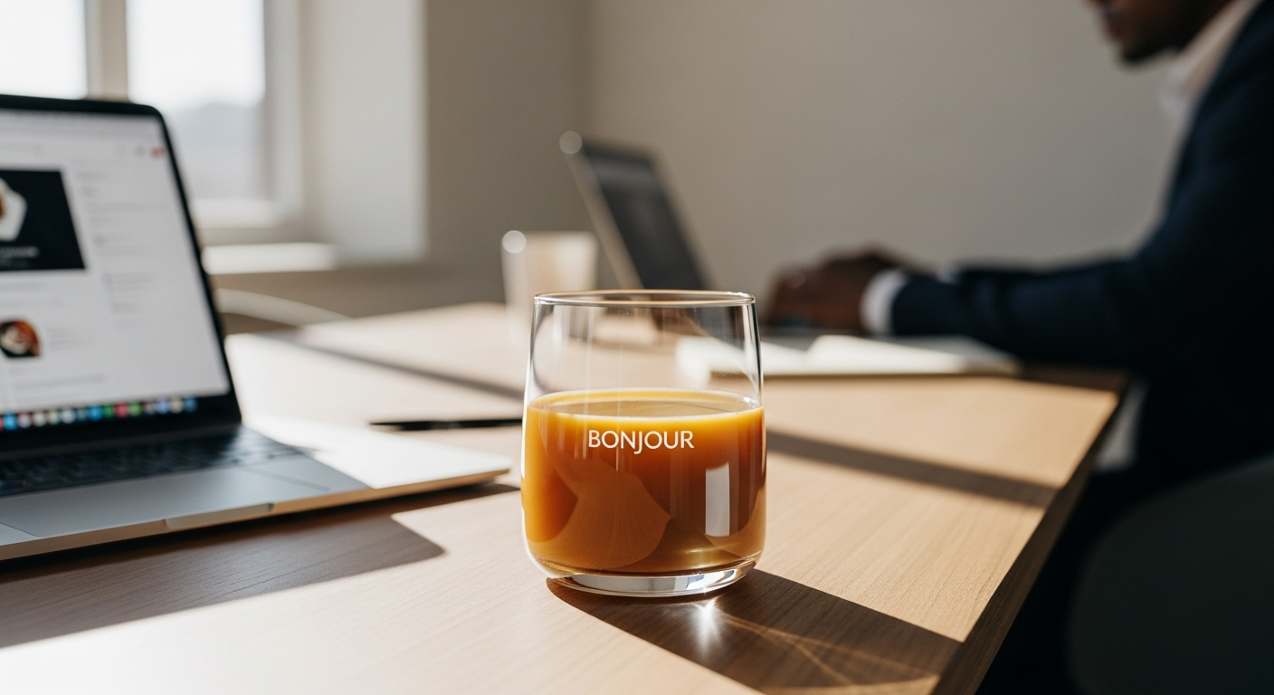Bonjour Adaptogenic Coffee Alternative Drink in a white cup with steam rising