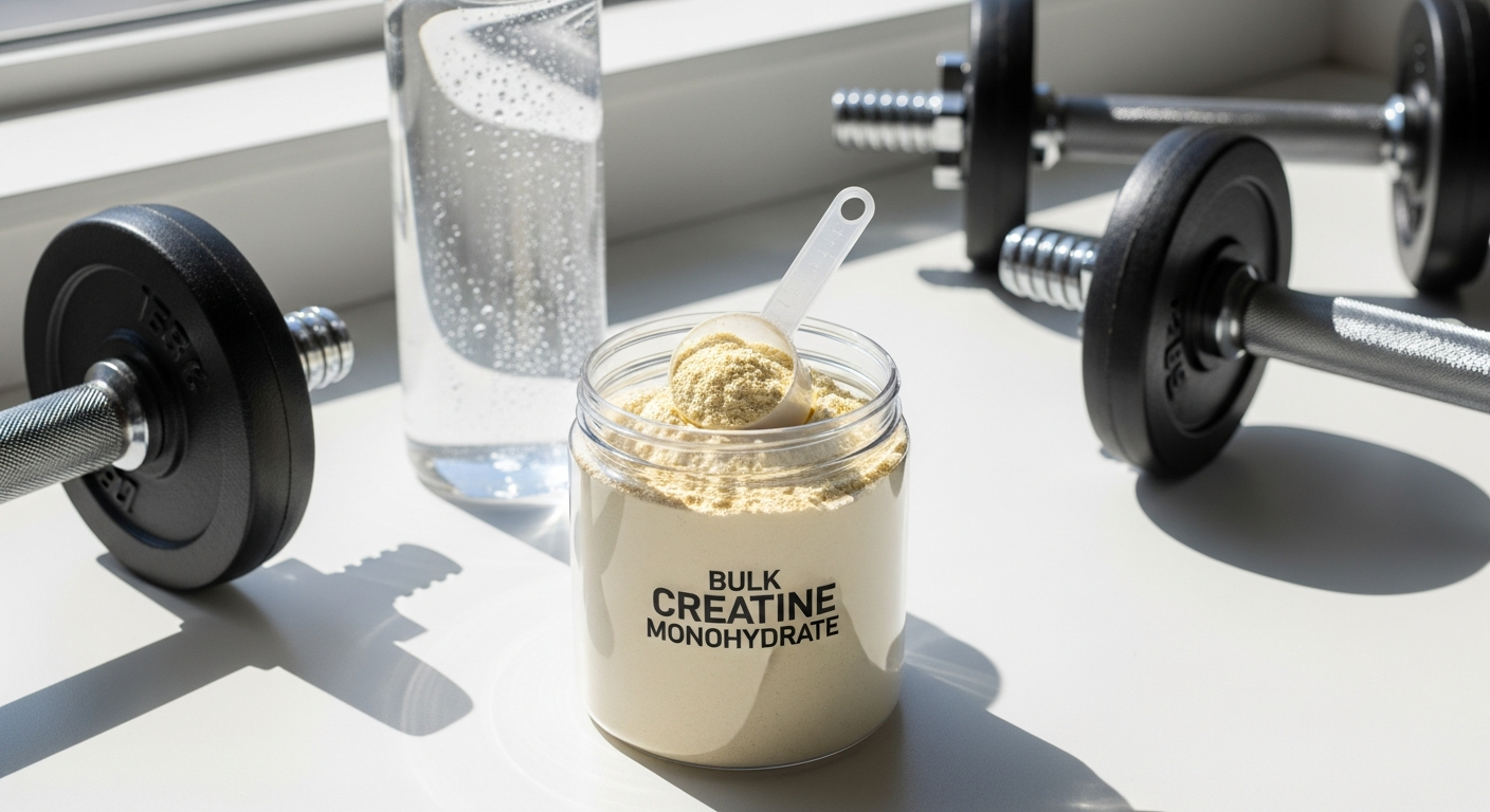 Bulk DE micronized creatine monohydrate powder in white unflavored supplement container