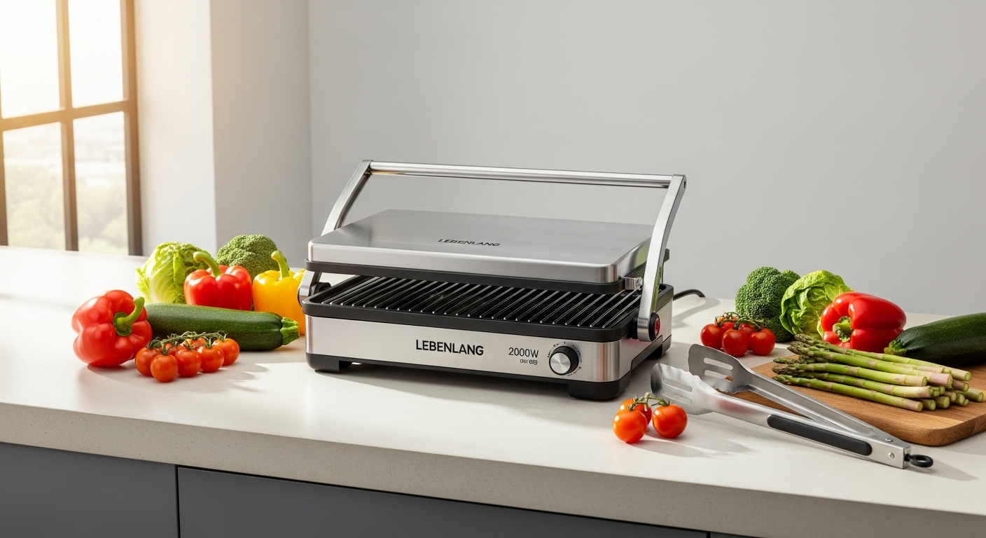 LEBENLANG 2000W electric table grill with dual ribbed and smooth cooking surfaces
