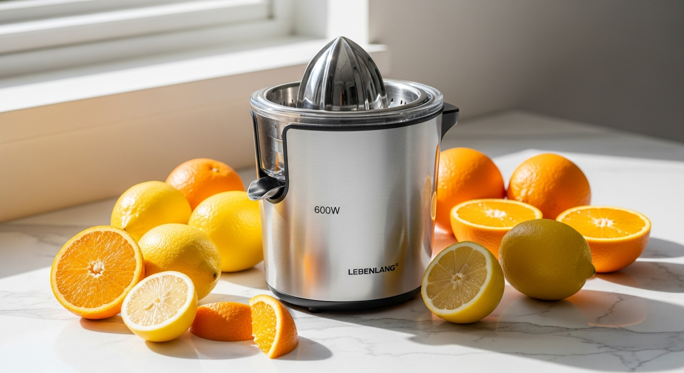 LEBENLANG Electric Citrus Juicer Silver compact 600W juicer on kitchen counter