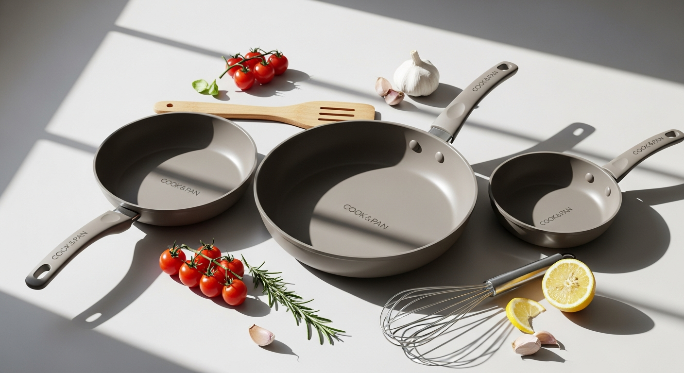Elegant taupe ceramic frying pan set with stainless steel handles displayed