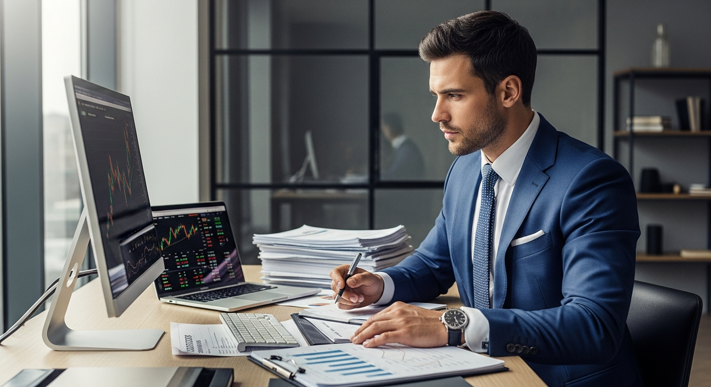 Investment banking professional analyzing financial models on computer screen