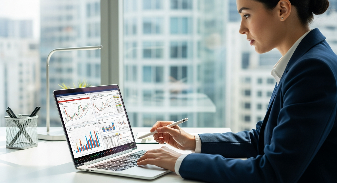 Financial modeling analyst working on Excel spreadsheet with valuation charts