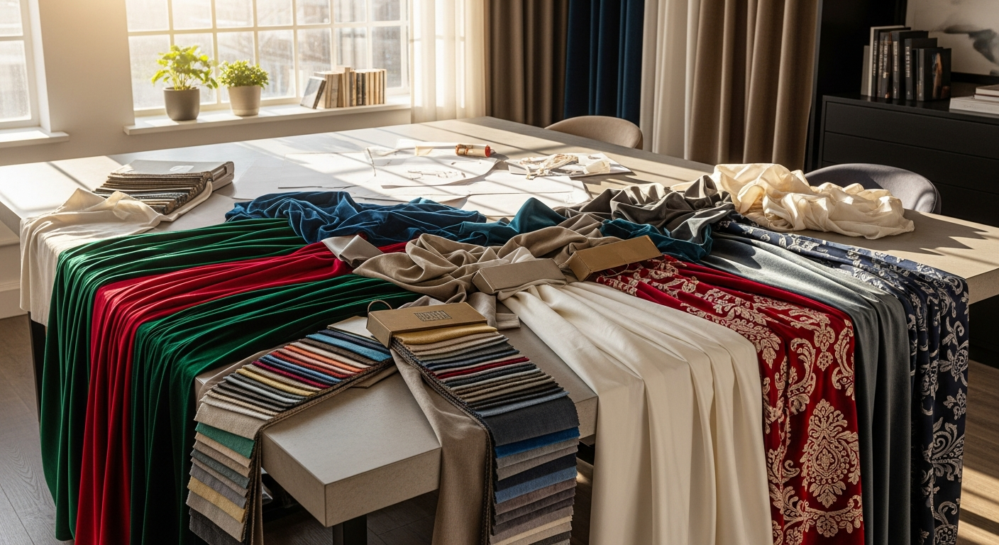 Interior designer selecting premium custom curtains for luxury home project