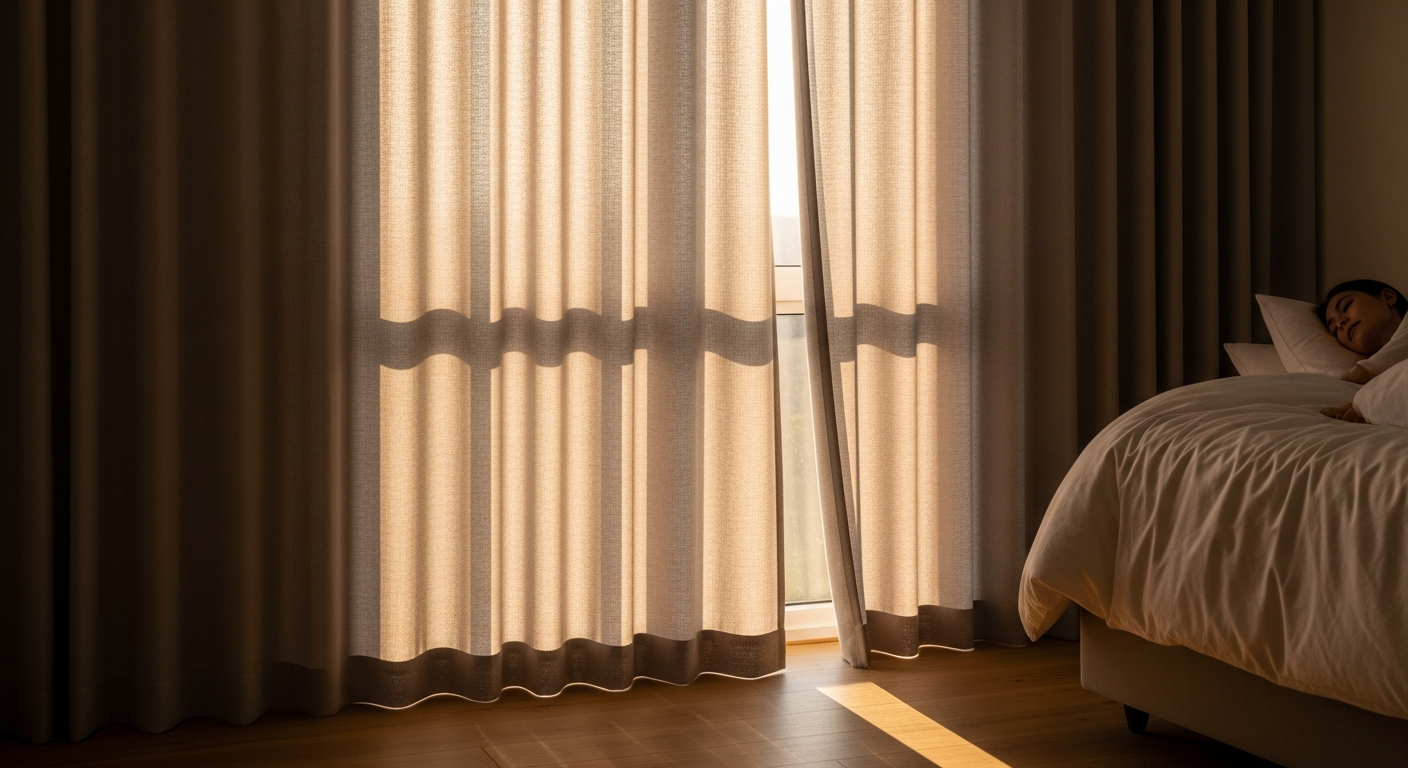 Custom linen blackout curtains hanging in a modern bedroom window