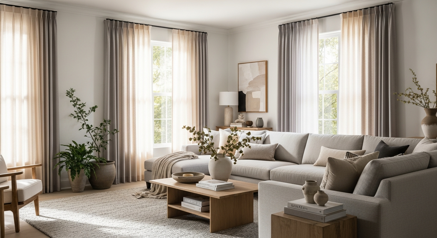Custom made curtains and drapes hanging in a modern living room with natural light