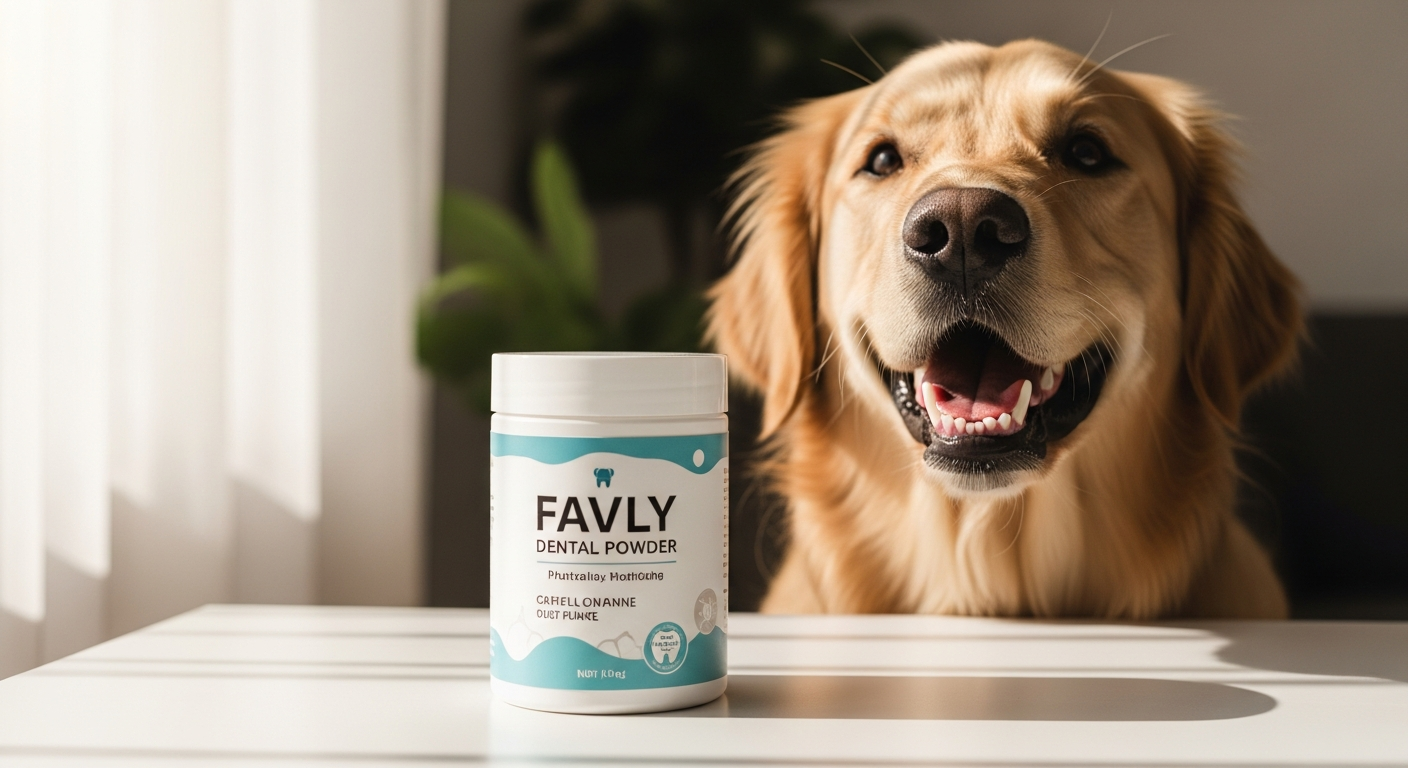 FAVLY Dental Powder container with German-made dog oral hygiene supplement