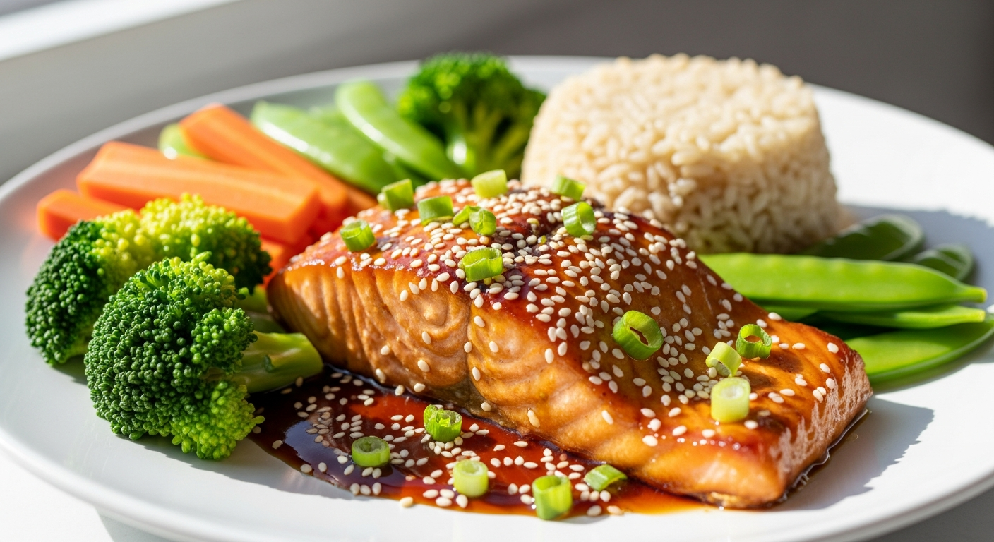Field Doctor Teriyaki Salmon Whole Grain Rice frozen meal with vegetables and pumpkin seeds