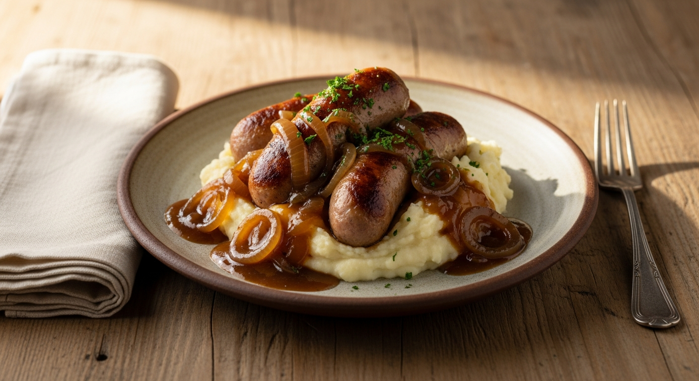 Gousto Extra Special Bangers Mash meal kit with sausages, mashed potatoes, and onion gravy