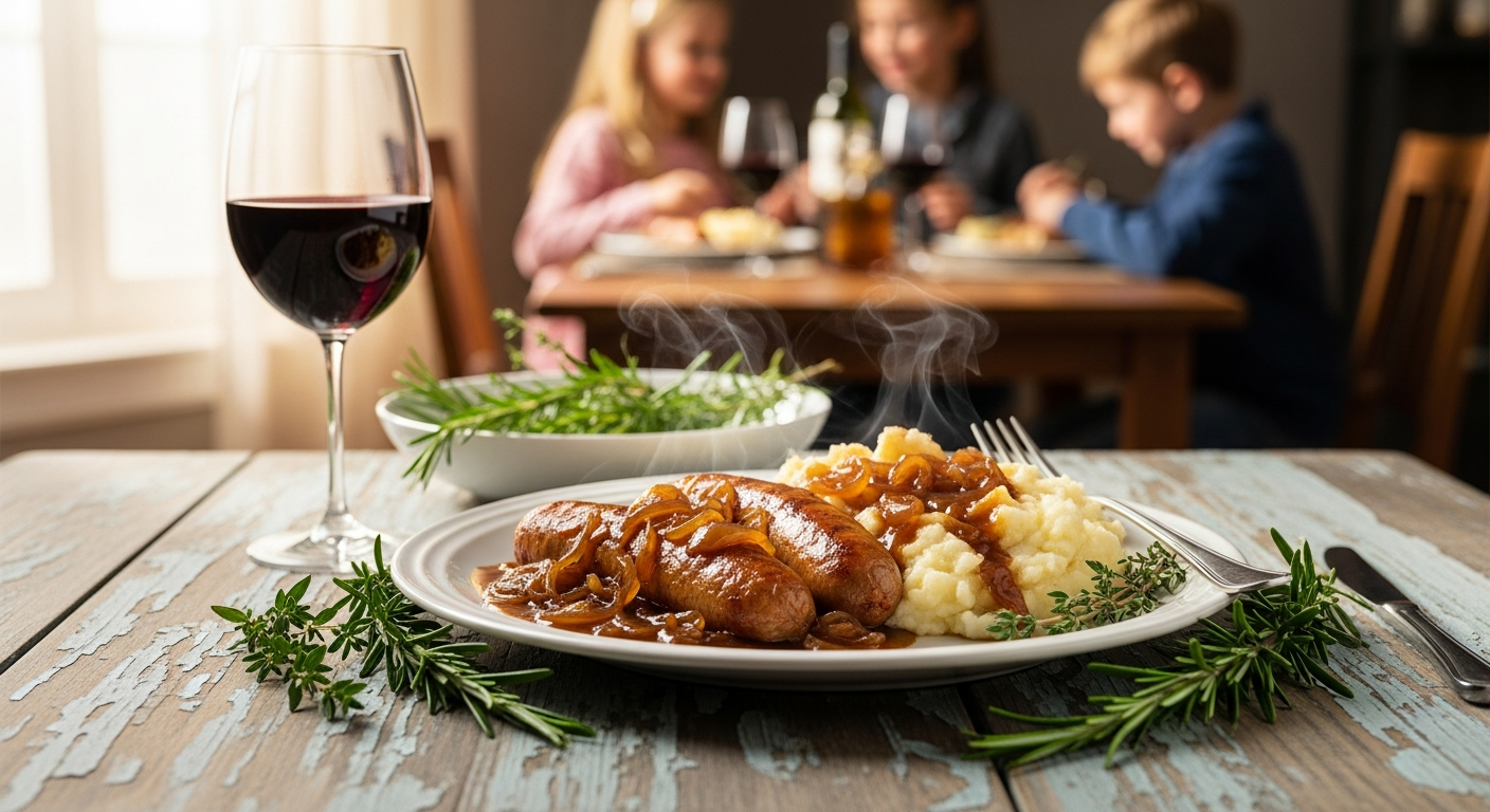 Gousto Extra Special Bangers and Mash meal kit with sausages, mashed potatoes, and onion marmalade gravy