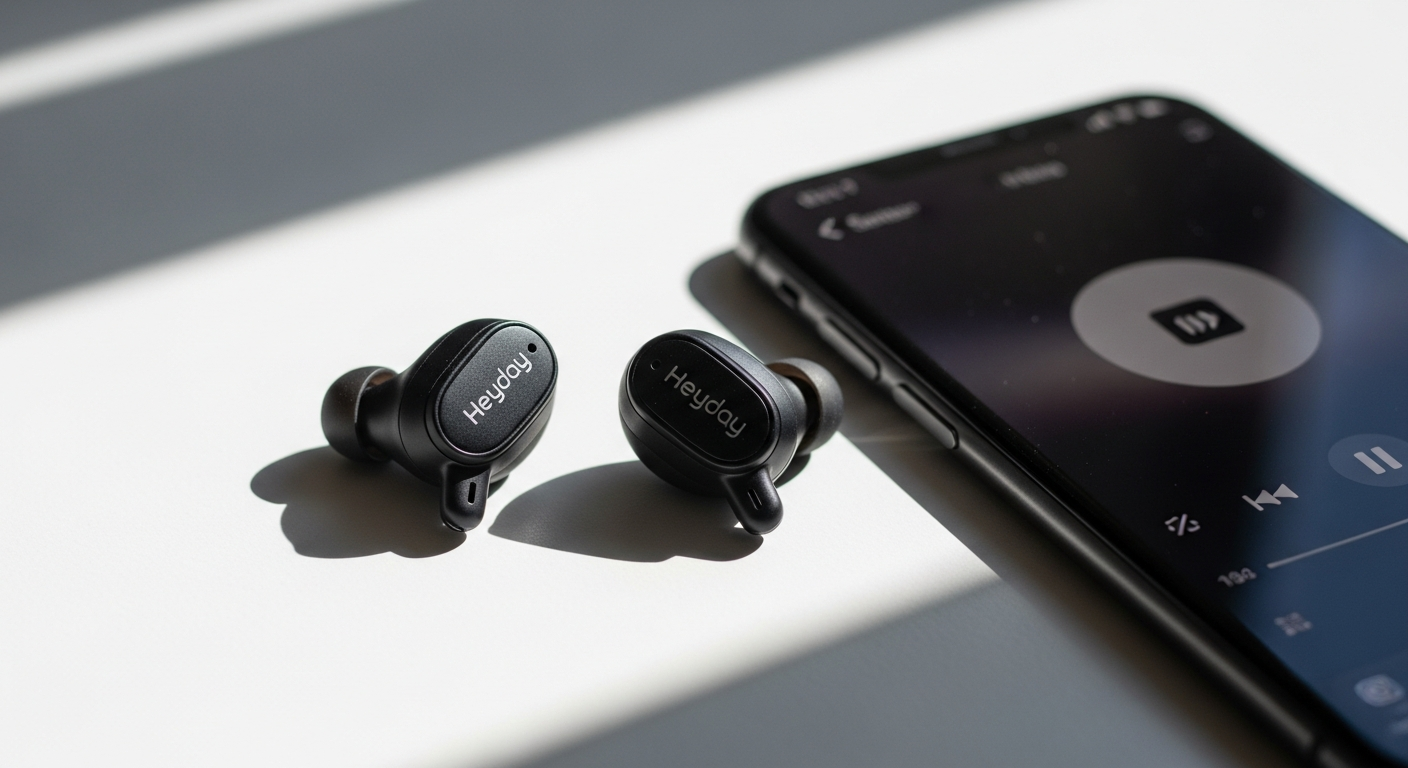 Heyday True Wireless Earbuds in charging case on white background