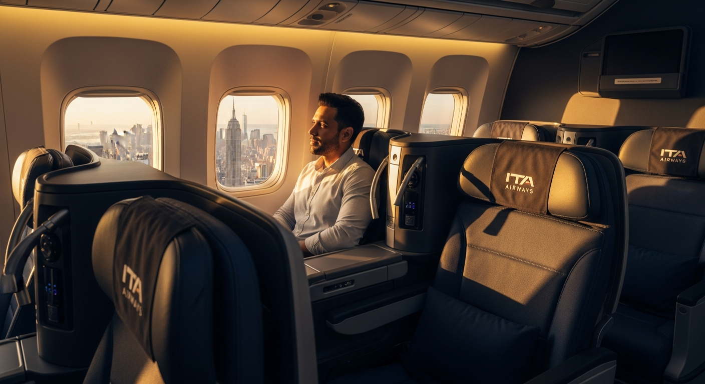 Modern Airbus aircraft flying over Atlantic Ocean toward New York skyline
